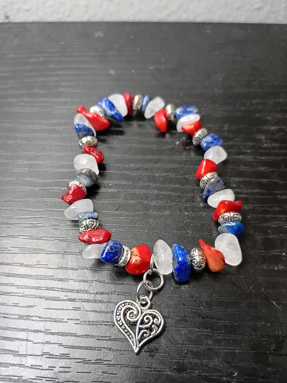 Patriotic Gemstone Chip Bracelet with Heart Charm - Red, Blue & White
